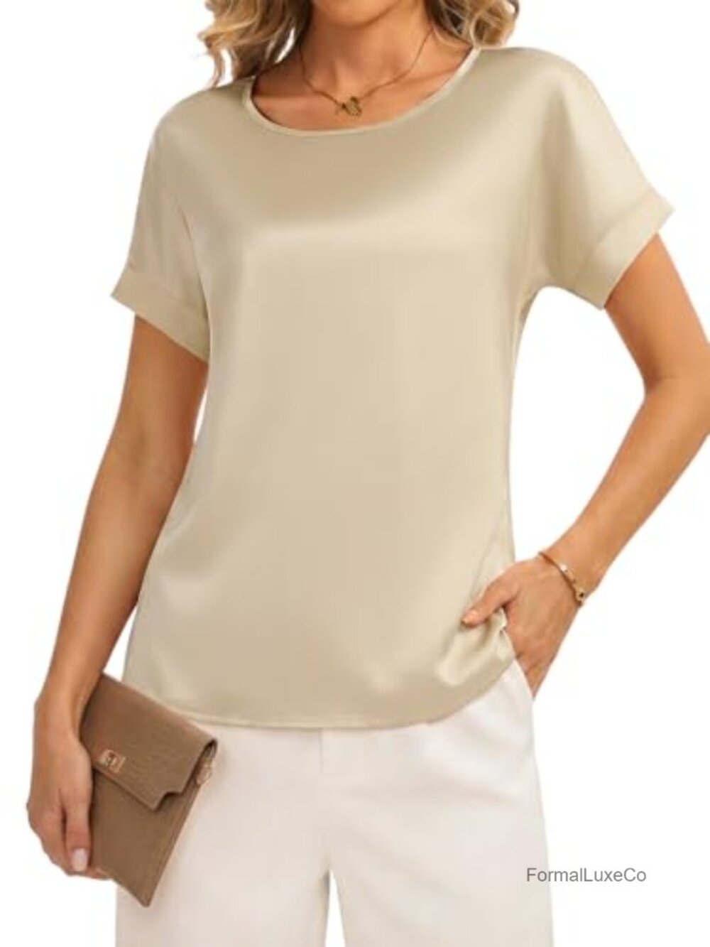 Satin Cap Sleeve Blouse Crew Neck Pull On Boxy Work Office Top